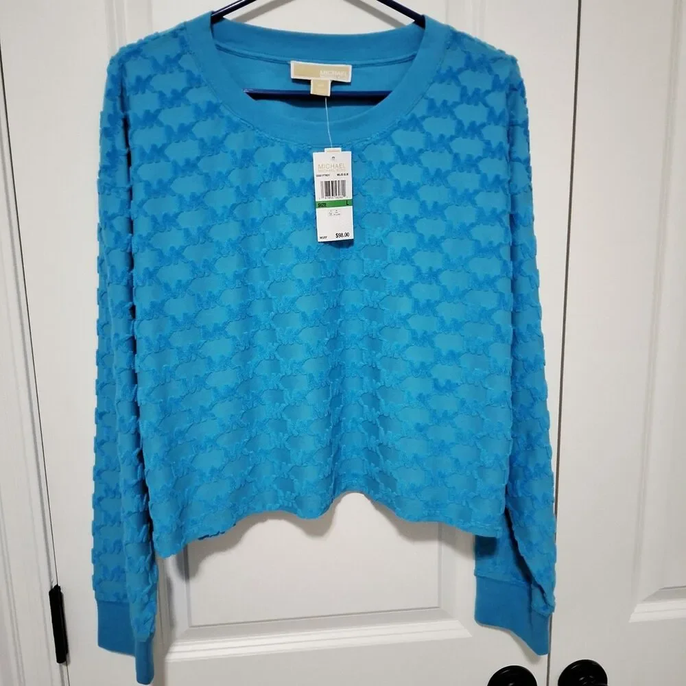 Michael Kors Women's MK Monogram Pattern Sweater Bright Blue Size Large NWT